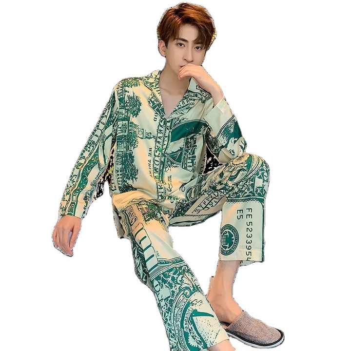 Pigiama di seta da uomo stampato dollaro di lusso Set pigiama da