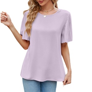 Camisa de Manga Corta con Cuello Redondo y Pliegues de Seda de Hielo para Mujer, a la Moda - Product Image 2