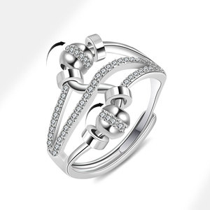 Anillo Giratorio Antiestrés con Cuentas, Ajustable, con Zirconia Pavé, Bañado en Oro Blanco sobre Cobre, Banda Cruzada, Anillos de Piedras Preciosas, de Moda para Mujer - Product Image 1