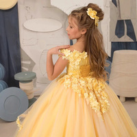 Robe de bal de princesse transfrontalière pour enfants, jaune à dentelle florale, col épaules dénudées, pour anniversaire, scène, présentatrice, défilé