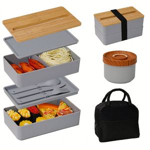 High Quality Custom Logo Reusable Bpa Free Japanese Kid Bento <b>Lunch</b> <b>Box</b> Double Layer <b>Lunch</b> <b>Box</b> With Bamboo Lid - Product Image 3