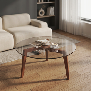 Table basse ronde moderne avec plateau en verre trempé et pieds en bois, design mi-siècle, meubles de salon, facile à nettoyer - Product Image 3