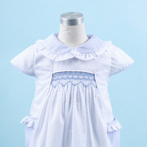 Vestido de Verano con Estampado Geométrico de Puntos Azules y Blancos para Niñas, 100% Algodón, Ecológico, Transpirable, Personalizado, OEM, ODM, Hecho a Mano - Product Image 1