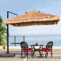 Parasol Hawaïen en Chaume de Fabrication Directe, Structure en Aluminium, Socle en Marbre, Imperméable, Pliant, pour Repas en Extérieur, Hôtels et Terrasses