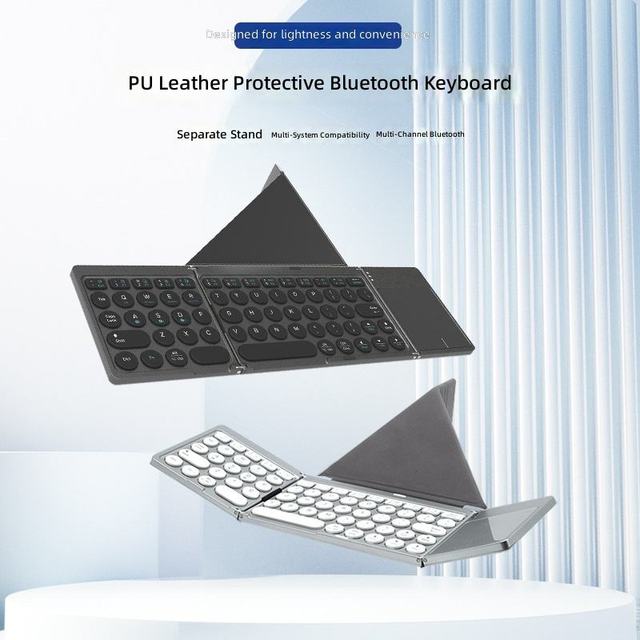 Folding Slim Scissor Switch 64-Key PU Leather USB Type-C Anti-Ghosting Wireless Keyboard for iPad Mini Tablet