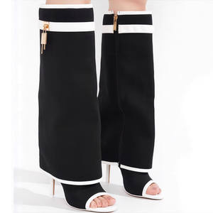 Kadın diz-yüksek Fishnet çizme sivri burun yaz Peep Toe sandalet yüksek topuklu Stiletto Metal köpekbalığı kilit örgü tasarımı - Product Image 1