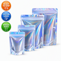 Sacs en Mylar holographiques personnalisés avec logo, pochettes verticales, sacs refermables à fermeture éclair effet laser arc-en-ciel pour emballage de bonbons, snacks, aliments et gloss à lèvres