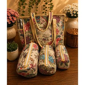 Sac en coton matelassé style vintage à imprimé floral, fermeture éclair, léger, facile à transporter, ensemble de 3 pochettes utilitaires, prêt pour le voyage - Product Image 1