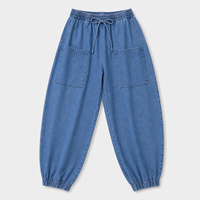 Pantalon de jogging en jean bleu pour femme grande taille, taille à cordon, poches plaquées, bas de jambe côtelé, taille US, OEM