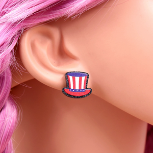 עגילי סטאד חמודים ליום העצמאות האמריקאי, בצורת כובע, כף רגל, לב, ראש עכבר, נצנצים, אקריליק, תכשיט יוניסקס - Product Image 5