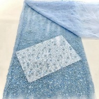 Prix de gros 5 yards Tissu en maille de dentelle africaine brodé écologique avec paillettes et perles Tofine 100% Polyester 51-52 pouces