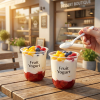 Transparante, verdikte plastic beker (500ml, 700ml, 90mm diameter) voor smoothies, fruitsap, afhaal, bezorging en logistiek.