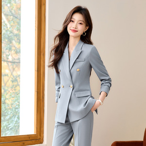 Women's Suit Set Light Blue Double Breasted Jacket Pants Formal Wear Spring Anti-Wrinkle Notched Collar Full Sleeve - Product Image 1