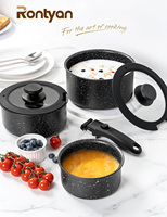 Lot de 6 casseroles et poêles en aluminium empilables avec poignée amovible, motif marbre noir, gain de place, vente en gros usine