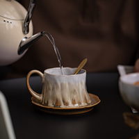 Ensemble tasse à café et soucoupe en céramique de style français, luxe léger, vintage, motif feuille créatif, bol à glace sur pied haut, pour usage domestique