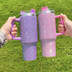Bouteilles et Tasses Isothermes de Luxe 40oz Noires, Violettes, Bleues, Rouges, Argentées, Roses, Ornées de Strass et Cristaux Scintillants - Product Image 4
