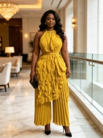 Ensemble pantalon plissé maxi élégant et décontracté pour femme, couleur unie, qualité supérieure, style africain original, grandes tailles