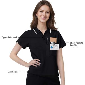 Uniformes médicos para mujer con cremallera frontal, estilo polo, un bolsillo en el pecho, tela elástica en 4 direcciones, uniformes de hospital. - Product Image 4
