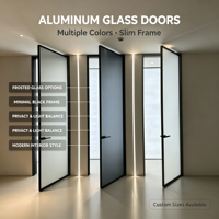Porte d'entrée intérieure moderne à cadre en aluminium noir, vitrage simple trempé dépoli, pour résidence, type battante