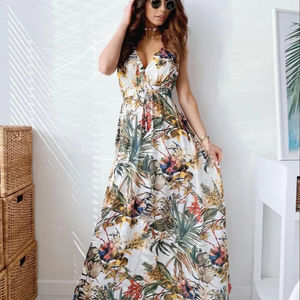 Vestidos Maxi de Playa al por Mayor, Cintura Imperio, Cuello en V, Lisos, Teñidos, Casuales de Verano, Florales, de Lana, Elegantes para Mujer, 2025 - Product Image 1