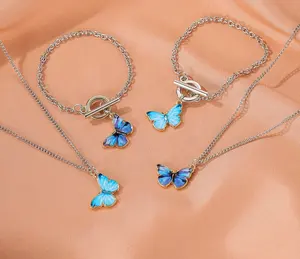 2022 Good-looking Hot-selling Gradient Color Alloy Butterfly Pendant Necklace Bracelet For Women