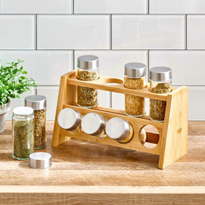 Étagère à épices moderne multifonctionnelle à 2 niveaux en bambou et bois, support de rangement pour comptoir de cuisine, 8 bocaux en verre hermétiques - Product Image 6