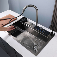 Évier de cuisine moderne en acier inoxydable de haute qualité, à cuve unique, monotrou, multifonction, avec robinet cascade nano et douchette extractible