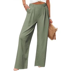 Pantalones Anchos de Cintura Alta para Mujer, Estilo Lino, Casuales, Transpirables, Tipo Palazzo, con Bolsillos, Color Verde - Product Image 1