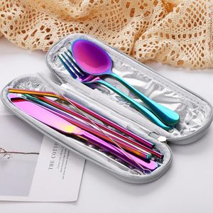 304 Stainless 7pc Titanium-Plated <b>Set</b>, Straw/Knife/Fork/Spoon/Chopsticks, Outdoor Portable - Product Image 3