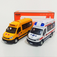 Modèle de voiture en alliage moulé sous pression IVE Bus Scolaire Ambulance 1:24 en gros, avec effets sonores et lumineux, 4 portes à recul, jouet en métal de collection