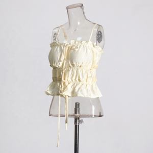 OUDINA Nueva plisada con cordón <span class=keywords><strong>Hort</strong></span> Sling Color sólido Crop Tank Top Camisolas Camisetas sin mangas para mujer - Product Image 2