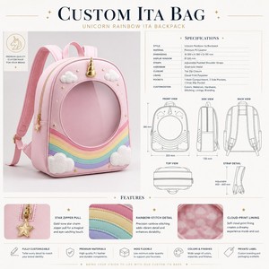 Sac à dos Ita personnalisé Licorne Arc-en-ciel Rêveur en Cuir PU Rose Pâle avec Fenêtre Transparente, Applique Nuage en Peluche et Broderie Arc-en-ciel - Product Image 1