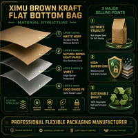 Emballage Ximu en stock, sac en papier kraft à fond plat, fermeture éclair refermable, emballage alimentaire de qualité alimentaire, MOQ 100 pièces