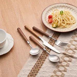 Stainless Steel Brushed Matte Knife Fork Spoon Reusable Cutlery Set With Wooden Handle Flatware
