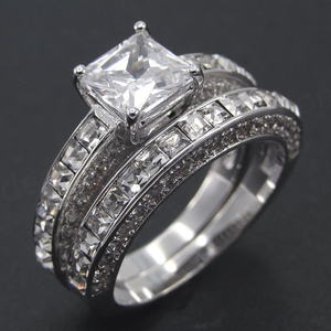 925 Sterling <b>Silver</b> Channel Set <b>Ring</b> Set Princess Cut Diamond Wedding <b>Rings</b> - Product Image 4