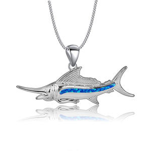 Hawaii style 925 sterling silver blue <strong>opal</strong> marlin fish pendant <strong>necklace</strong> for men summer jewelry - Product Image 1