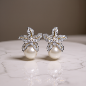 Pendientes de Oro Blanco E2165 con Diseño de Flor y Engaste Pavé, Joyería de Lujo para Mujer, Ideales para Bodas - Product Image 2