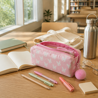 Trousse à crayons à imprimé lapin rose avec tirette de fermeture éclair pompon et poche intérieure zippée pour fournitures scolaires 1