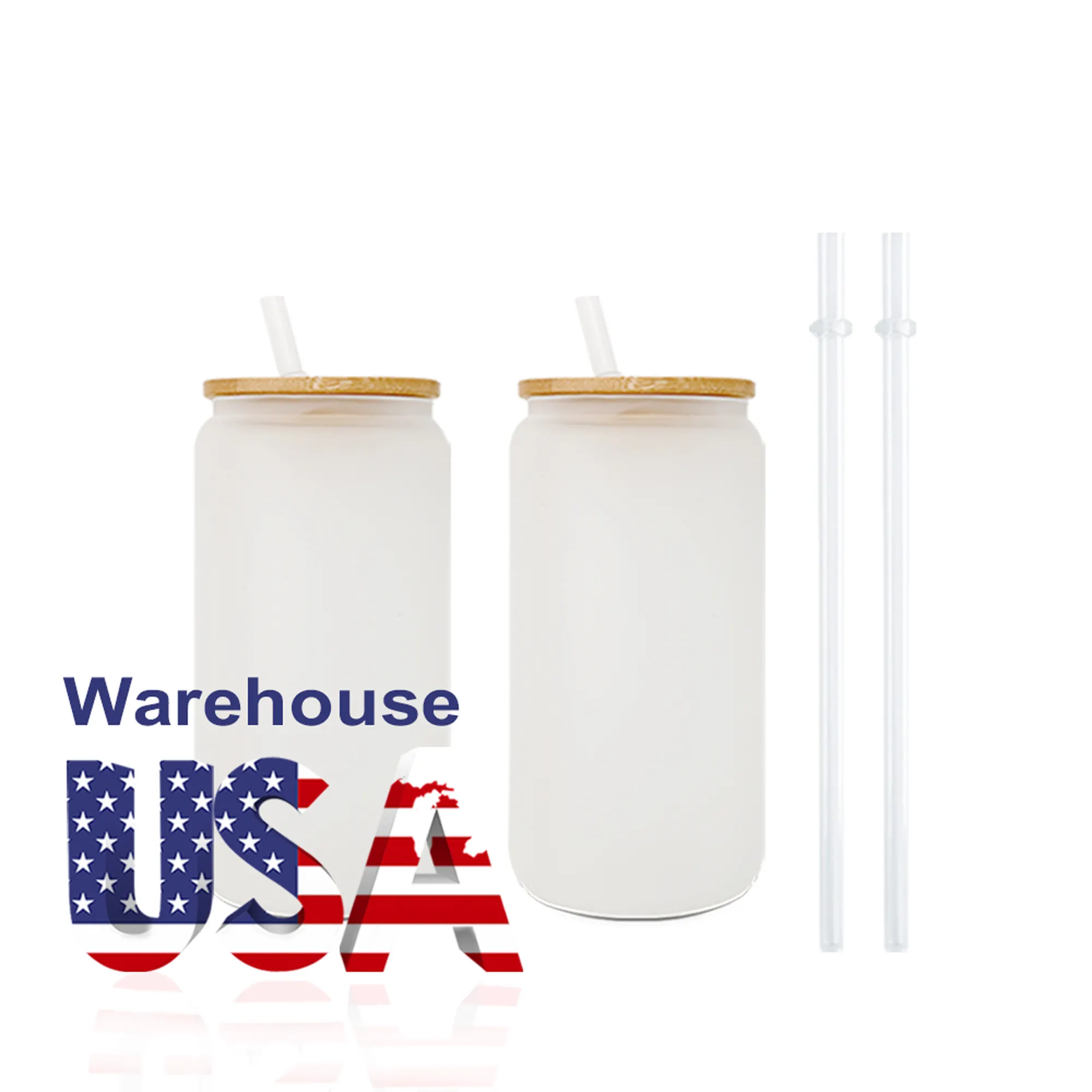 USA Warehouse 12oz 16oz 20oz 25oz昇華ブランクフロストクリアビールグラス缶カップ、竹の蓋とストロー付き