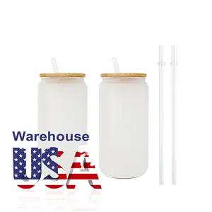 USA Warehouse 12oz 16oz 20oz 25oz sublimazione Blanks bicchieri di birra trasparenti smerigliati con coperchio in bambù e cannuccia
