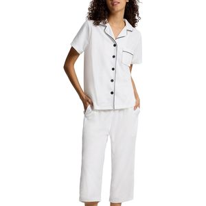 Conjunto de Pijama Capri para Mujer, Camiseta de Manga Corta con Botones y Pantalones de Punto Waffle, Ropa de Dormir Blanca de 2 Piezas, Ropa de Casa para Mujer, Pijama - Product Image 1