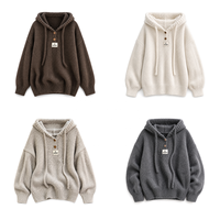 Pull-over en tricot épais marron à capuche avec boutons, personnalisé ODM, pour femme, vêtements de créateur, collection hiver