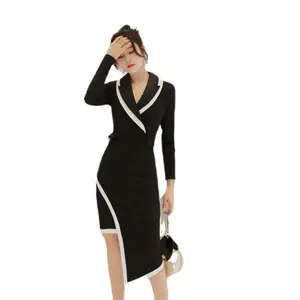 2022 Autumn Office Lady Elegant Wear Turn down Collar Dresses Women Formal Work