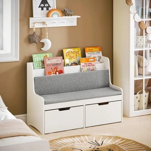 Vente en gros fiable banc de rangement pour enfants 2 en 1 siège en bois blanc coffres à jouets avec étagères de coussin de dossier pour chambre salle de jeux - Product Image 1