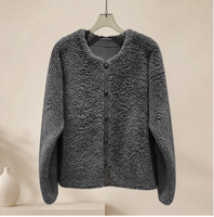 Veste en laine et cuir pour femme, col rond, boutons-pression, gris, fourrure bouclée, courte, vêtement d'extérieur d'hiver