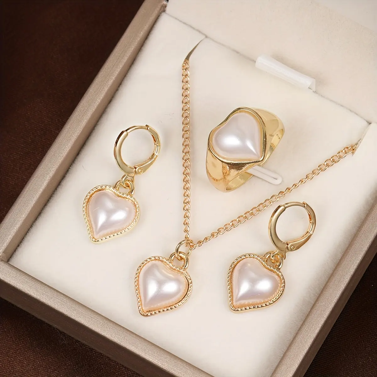 Vintage fashion White heart Fritillaria pendant gold necklace earrings ring set popular girl gift 4PC jewelry set