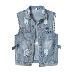 Gilet en jean décontracté mi-long pour femme, sans manches, en coton rembourré, style cowboy, sans trous, pour le printemps et l'automne - Product Image 1