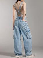 Combinaison en jean unisexe taille haute bleu clair OEM ODM, écologique, respirante, décontractée, ample, avec logo brodé, style cargo mignon