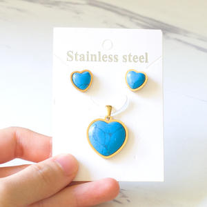 ชุดเครื่องประดับสแตนเลสสตีลสไตล์โบฮีเมียนย้อนยุคสำหรับผู้หญิง สีทองประดับเทอร์ควอยซ์ รูปทรงเรขาคณิต หยดน้ำ ดอกไม้ หัวใจขนาดใหญ่ ต่างหูและสร้อยคอ - Product Image 4