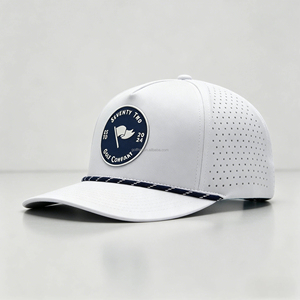 Gorras de béisbol blancas personalizadas de 5 paneles con parche de goma PVC, logotipo impermeable, corte láser, perforadas, transpirables, con cuerda. - Product Image 3